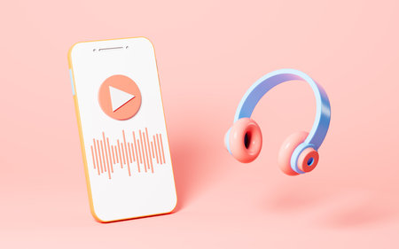 Live streaming with mobile phone and wireless headset on the pink background, 3d rendering. Computer digital drawing.の写真素材