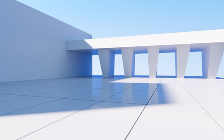 White abstract geometric construction, empty outdoor architecture scene, 3d rendering. Computer digital drawing.の写真素材