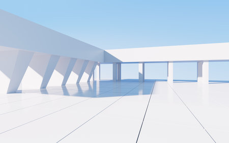 White abstract geometric construction, empty outdoor architecture scene, 3d rendering. Computer digital drawing.の写真素材