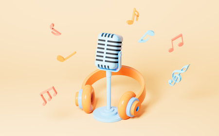 Microphone and earphones on the yellow background, 3d rendering. Computer digital drawing.の写真素材