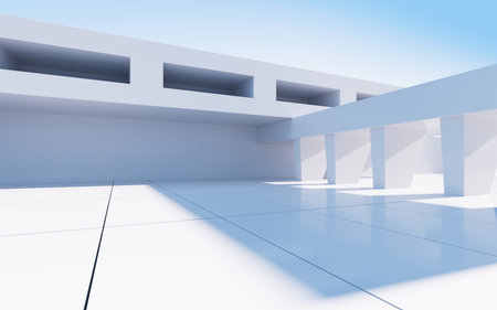 White abstract geometric construction, empty outdoor architecture scene, 3d rendering. Computer digital drawing.の写真素材