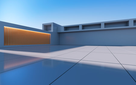 Gray abstract geometric construction, empty outdoor architecture scene, 3d rendering. Computer digital drawing.の写真素材