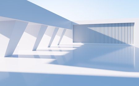 White abstract geometric construction, empty outdoor architecture scene, 3d rendering. Computer digital drawing.の写真素材