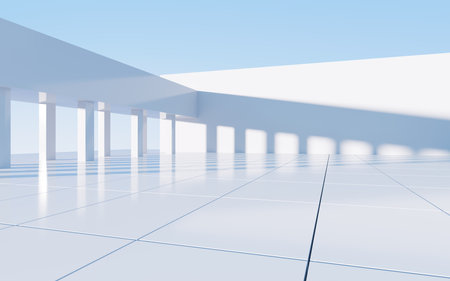 White abstract geometric construction, empty outdoor architecture scene, 3d rendering. Computer digital drawing.の写真素材