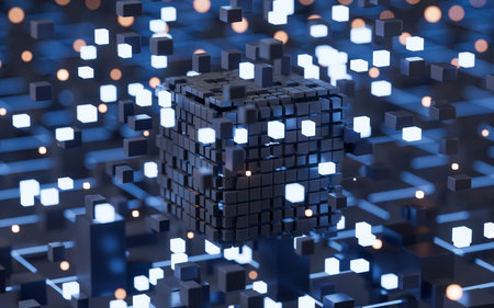 Abstract glowing cubes and lines, circuits and materials, 3d rendering. Computer digital drawing.の写真素材