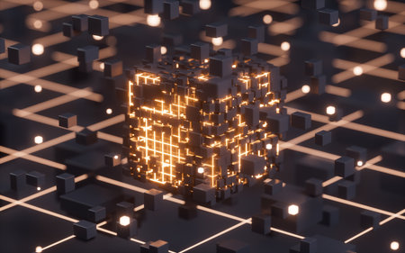 Abstract glowing cubes and lines, circuits and materials, 3d rendering. Computer digital drawing.の写真素材