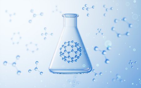 Spherical molecules are inside the conical flask, 3d rendering. Computer digital drawing.の写真素材