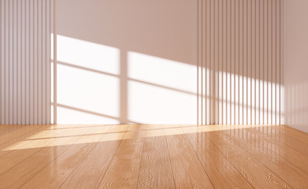 Empty room with wooden floor, Interior geometry scene, 3d rendering. Digital drawing.の写真素材