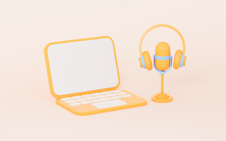 Cartoon style laptop and headphones, live streaming online, 3d rendering. Digital drawing.の写真素材