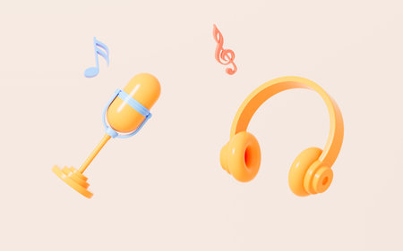Cartoon style microphone and earphones on the yellow background, 3d rendering. Digital drawing.の写真素材