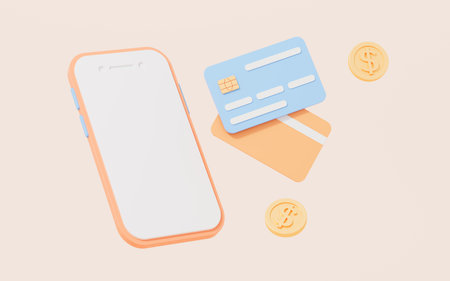 Mobile phone and bank cards , online banking concept, 3d rendering. Digital drawing.の写真素材