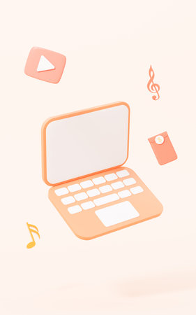 Live streaming with laptop on the yellow background, 3d rendering. Digital drawing.の写真素材