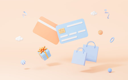 Bank cards and gifts, shopping payment tools, 3d rendering. Digital drawing.