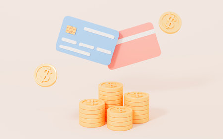 Scattered cash and bank cards with pink background, 3d rendering. Digital drawing.の写真素材