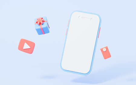 Live streaming with mobile phone on the blue background, 3d rendering. Digital drawing.