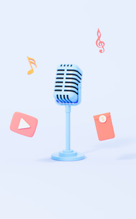 Cartoon microphone on the blue background, 3d rendering. Digital drawing.の写真素材