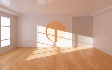 Empty room with wooden floor, Interior geometry scene, 3d rendering. Digital drawing.の写真素材
