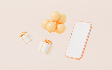 Gifts and mobile phone, shopping online, 3d rendering. Digital drawing.の写真素材