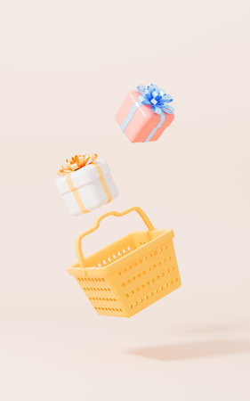 Shopping basket and gifts with yellow background, 3d rendering. Digital drawing.の写真素材