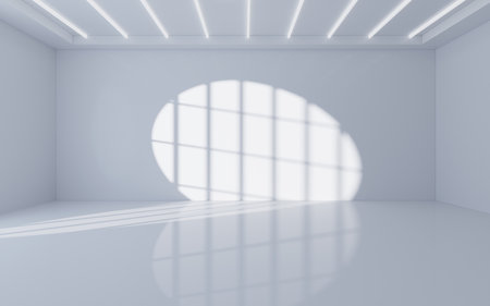 White empty room with light and shadow, Interior geometry scene, 3d rendering. Digital drawing.の写真素材