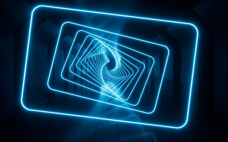 Glowing neon lines and tunnel, 3d rendering. Digital drawing.の写真素材