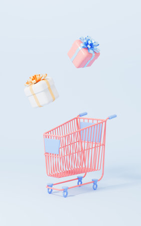 Shopping cart and gifts with blue background, cartoon shopping theme, 3d rendering. Digital drawing.の写真素材