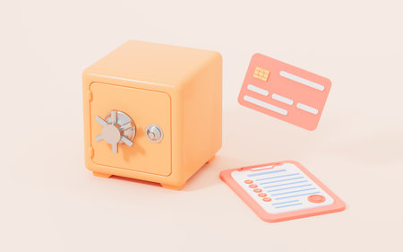 Save box and banking contract with yellow background, 3d rendering. Digital drawing.の写真素材