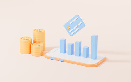 Bar chart and bank cards, online banking concept, 3d rendering. Digital drawing.の写真素材