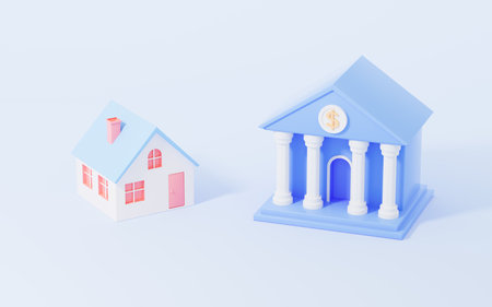 Cartoon house and bank with blue background, 3d rendering. Digital drawing.の写真素材