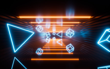 Glowing neon lines and tunnel, 3d rendering. Digital drawing.の写真素材