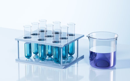 Test tubes and beaker in the lab, 3d rendering. Digital drawing.の写真素材