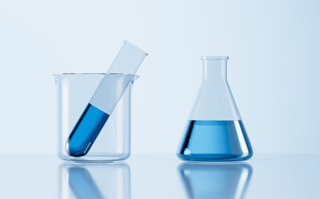 Glassware on the desk in the lab, 3d rendering. Digital drawing.の写真素材