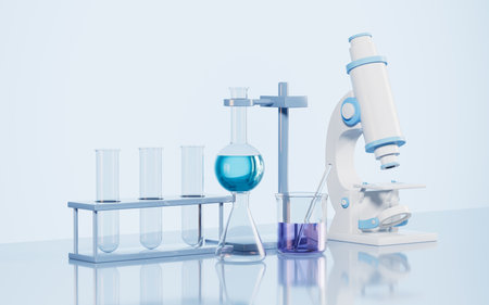 Microscope and glassware on the desk in the lab, 3d rendering. Digital drawing.の写真素材