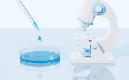 A microscope on the desk in the lab, 3d rendering. Digital drawing.の写真素材