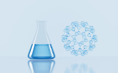 Conical bottles and spherical molecules in the lab, 3d rendering. Digital drawing.の写真素材