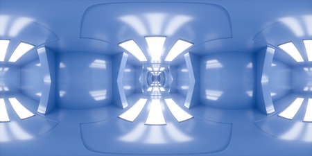Blue tunnel with neon lines, 360 degree panorama, 3d rendering. Digital drawing.の写真素材