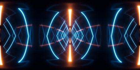 Abstract neon lines science fiction background, 360-degree panorama reflection map of a colored tunnel, 3d rendering. Digital drawing.の写真素材