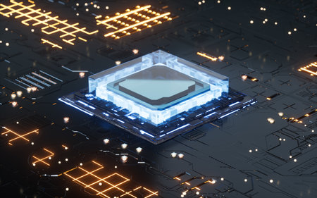 Electronic chips and circuit boards, Science and technology materials, 3d rendering. Digital drawing.の写真素材