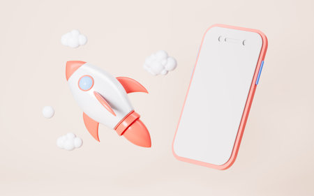 Rocket launching and mobile phone on the yellow background, concept of economic growth, 3d rendering. Digital drawing.の写真素材