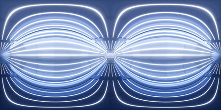 Blue tunnel with neon lines, 360 degree panorama, 3d rendering. Digital drawing.の写真素材