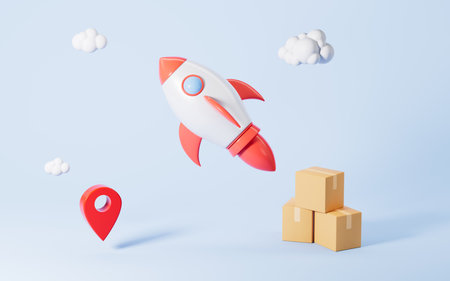 Rocket with boxes is ready to launch, Concept of the fast logistics and delivery, 3d rendering. Digital drawing.の写真素材