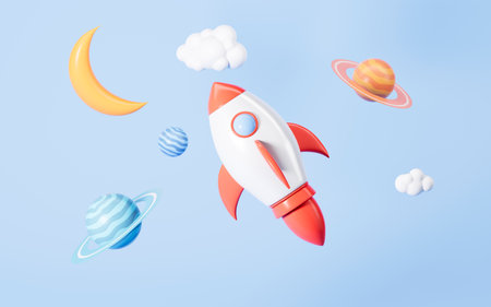Planet and rocket on the blue background, Cartoon universe scene, 3d rendering. Digital drawing.の写真素材