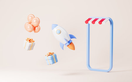 Rocket and gifts flying from phone, Shopping online, Fast Logistics and delivery concept, 3d rendering.の写真素材
