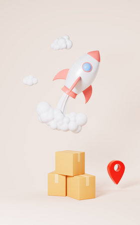 Rocket with boxes is ready to launch, Concept of the fast logistics and delivery, 3d rendering. Digital drawing.の写真素材