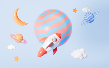 Planet and rocket on the blue background, Cartoon universe scene, 3d rendering. Digital drawingの写真素材