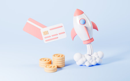 Bank cards and coins with rocket on the blue background, concept of economic growth, 3d rendering. Digital drawing.の写真素材