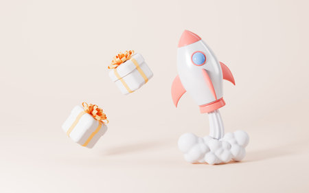 Rocket carries the gift on the yellow background, Shopping online and fast logistics and delivery concept, 3d rendering. Digital drawing.の写真素材