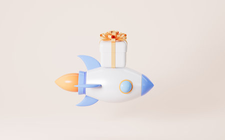 Rocket carries the gift on the yellow background, Shopping online and fast logistics and delivery concept, 3d rendering. Digital drawing.の写真素材