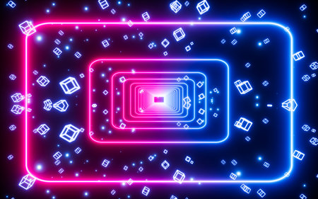 Glowing cubes and neon lines, neon tunnel and materials, 3d rendering. Digital drawing.の写真素材