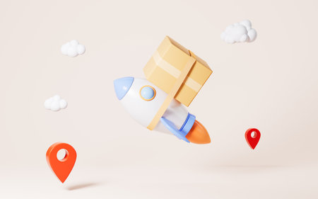 Rocket with boxes is ready to launch, Concept of the fast logistics and delivery, 3d rendering. Digital drawing.の写真素材